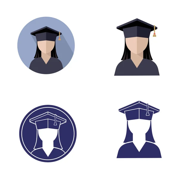 Satz Von Studentinnen Absolventenmütze Symbol Zeichen Logo Isolierte Vektorillustration — Stockvektor