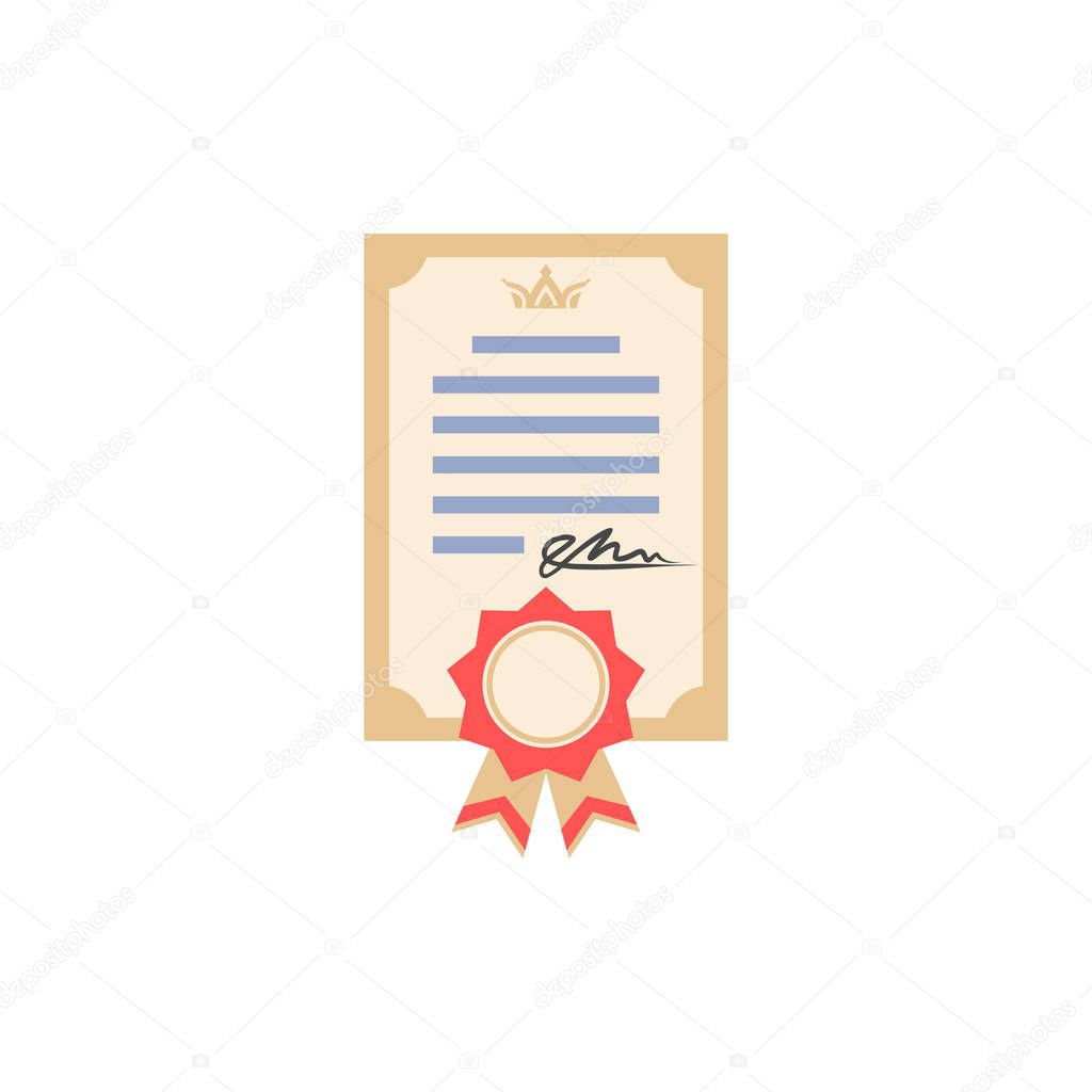  icon of diploma of education, gift certificate, document with ribbon and signature, sign, logo, isolated vector illustration
