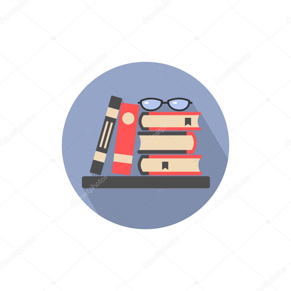  icon with a stack of books and textbooks and glasses,color image in a circle, sign, logo, isolated vector illustration