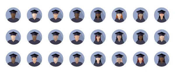 Conjunto Estudiantes Niños Niñas Una Gorra Graduado Diferentes Razas Nacionalidades — Vector de stock