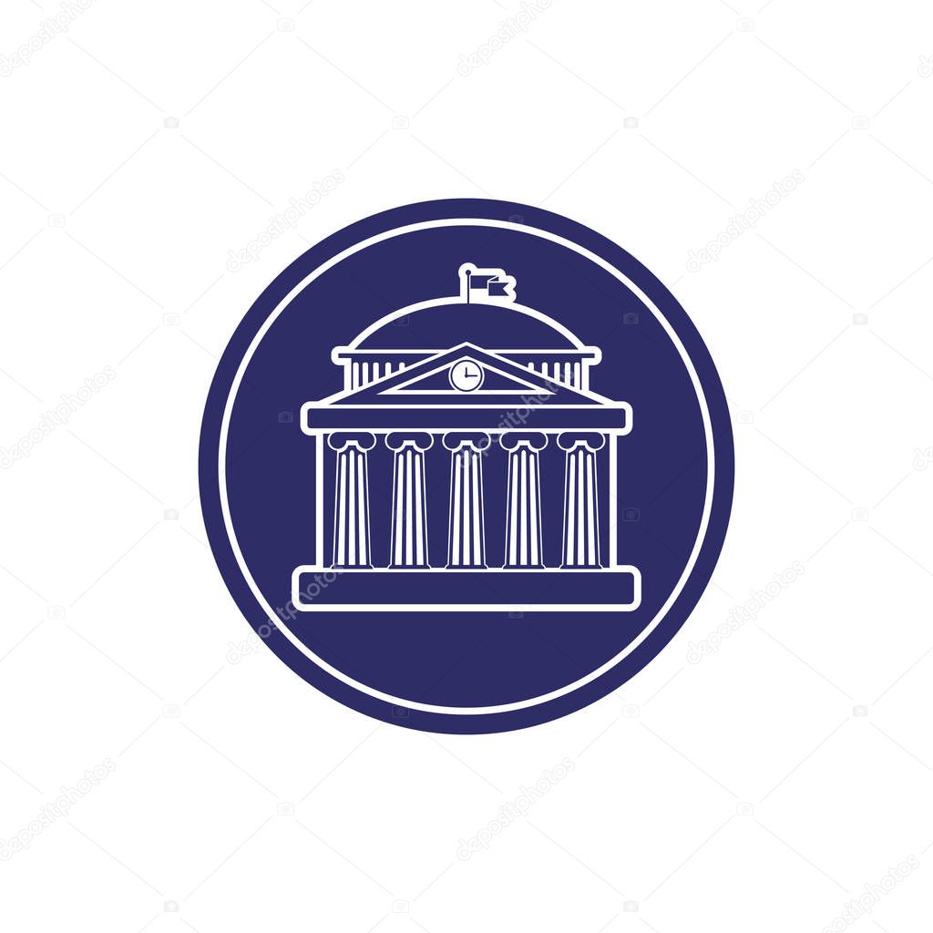 University building sign, bank, museum, library, parliament. Classical Greece Roman architecture with Ionic columns, clock, spire and flag. web icon,monochrome isolated vector illustration in circle