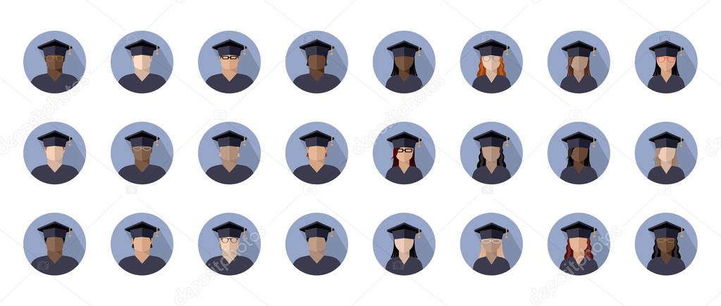 set of students boys and girls in a graduate cap of different races, nationalities and skin colors, color image in a circle, icon, sign, logo, isolated vector illustration