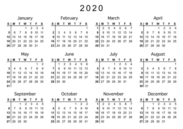Календарь 2020 Неделя Начинается Воскресенье Основной Бизнес Шаблон Векторная Иллюстрация — стоковый вектор