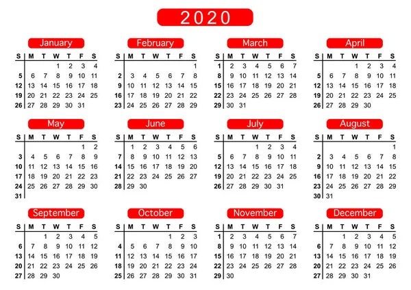 Calendario 2020 Semana Comienza Domingo Plantilla Básica Negocios Ilustración Vectorial — Vector de stock