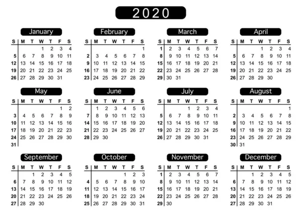 Calendário 2020 Semana Começa Domingo Modelo Negócio Básico Ilustração Vetorial —  Vetores de Stock