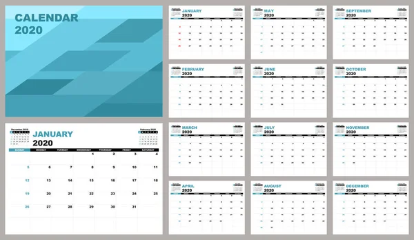 Kalendarz Planner 2020 Ustaw Szablon Kalendarz Biurka Tydzień Zaczyna Się — Wektor stockowy