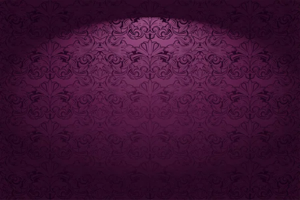 ロイヤル ヴィンテージ 紫のゴシック水平背景 古典的なバロックパターンを持つマゼンタ Rococo Edgeで調光 ベクトルイラスト Eps — ストックベクタ