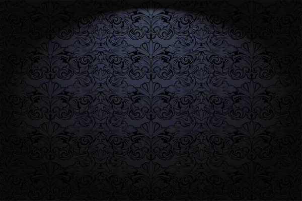 Королівський Вінтажний Готичний Горизонтальний Фон Чорному Класичним Бароковим Візерунком Рококо — стоковий вектор