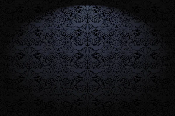 Fondo Horizontal Real Vintage Gótico Negro Con Patrón Barroco Clásico — Vector de stock