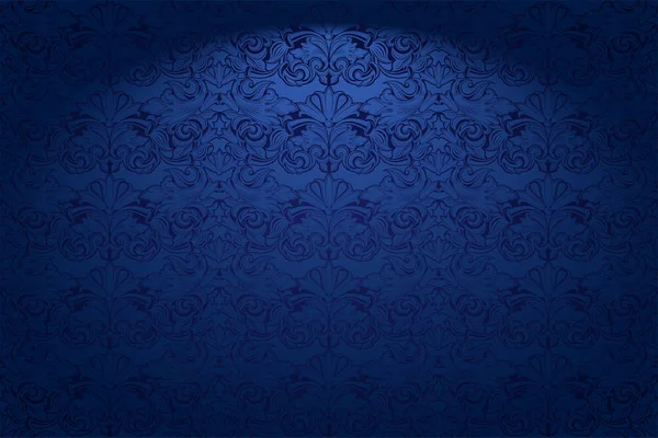 Królewski Zabytkowe Gotyckie Tło Poziome Ciemnoniebieskim Ultramaryna Klasycznym Barokowym Wzorem — Wektor stockowy