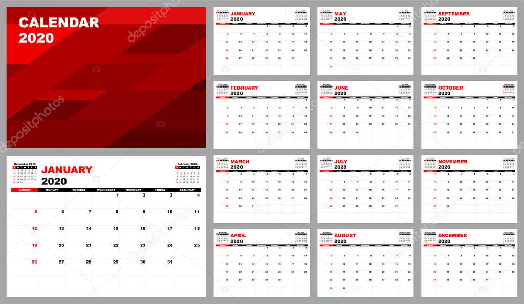 Calendar planner 2020, Set Desk Calendar template design. Week Starts on Sunday. Set of 12 Months and covers in red, vector illustration EPS 10