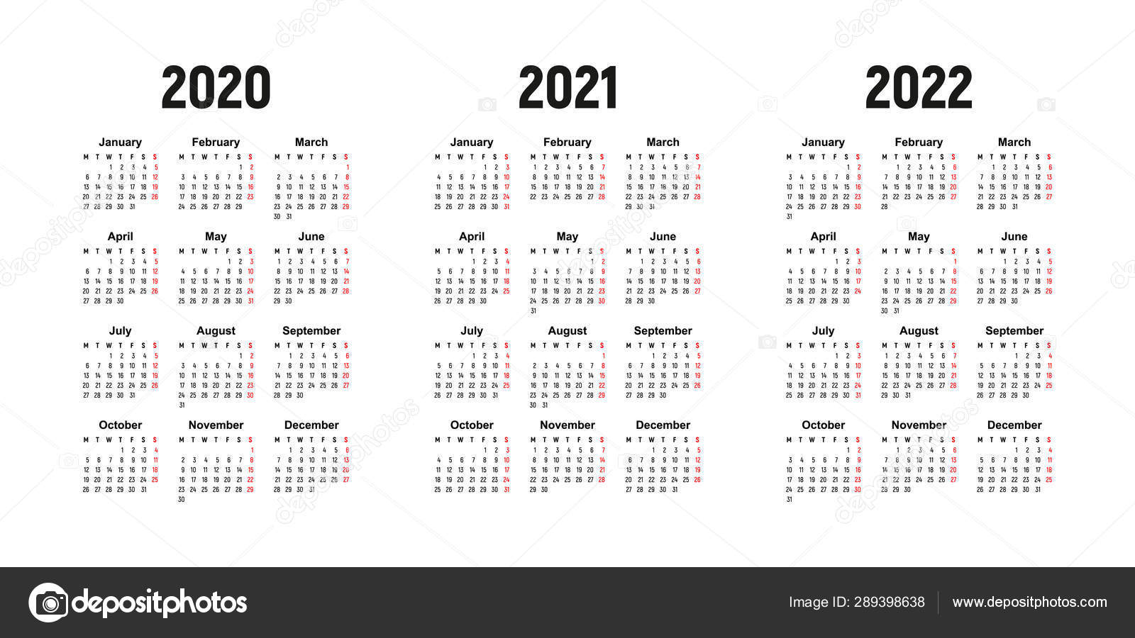 Calendar 2020 2021 2022 Week Starts Monday Basic Business Template ⬇