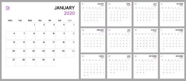 Takvim Planlayıcısı 2020, temel şablon tasarımı. Hafta Pazartesi başlıyor. 12 ay seti, vektör illüstrasyon EPS 10