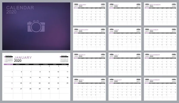 Calendar Planner 2020 Template Design Week Starts Sunday Set Months — Stock Vector