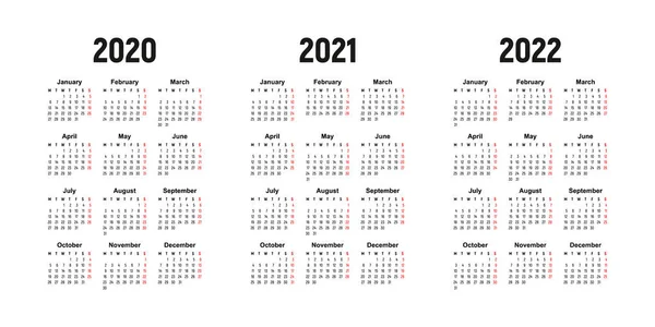 Kalendarz 2020 2021 2022 Tydzień Zaczyna Się Poniedziałek Podstawowy Szablon — Wektor stockowy