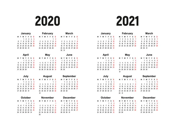 Ημερολόγιο 2020 Και 2021 Εβδομάδα Ξεκινά Δευτέρα Βασικό Επιχειρηματικό Πρότυπο — Διανυσματικό Αρχείο