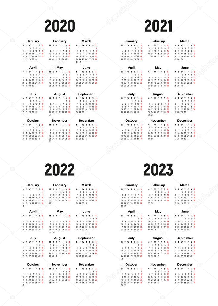 calendar 2020, 2021, 2022 and 2023, week starts on Monday, basic business template. vector illustration