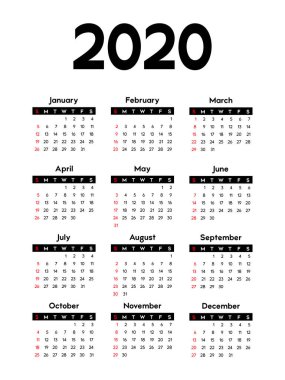 takvim 2020, hafta Pazar günü başlar, temel iş şablonu. vektör illüstrasyon