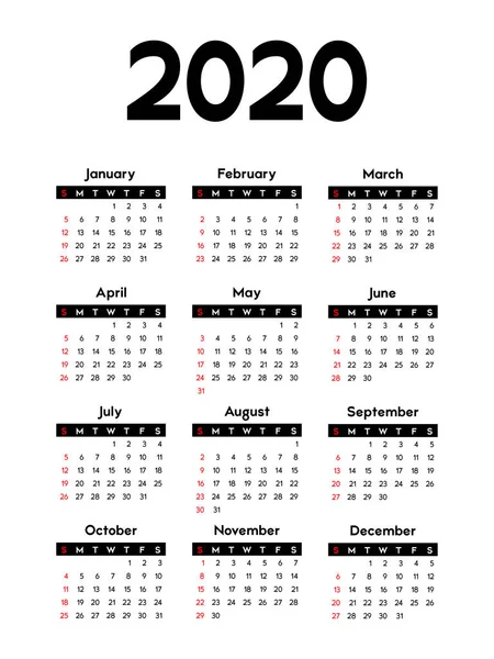 Takvim 2020 Hafta Pazar Günü Başlar Temel Şablonu Vektör Illüstrasyon — Stok Vektör