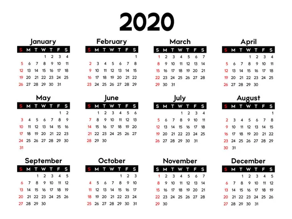 Calendário 2020 Semana Começa Domingo Modelo Negócio Básico Ilustração Vetorial —  Vetores de Stock