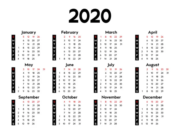 Calendário 2020 Semana Começa Domingo Modelo Negócio Básico Ilustração Vetorial —  Vetores de Stock