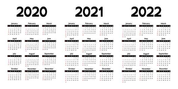 Kalender 2020 2021 2022 Week Begint Zondag Basic Business Template — Stockvector