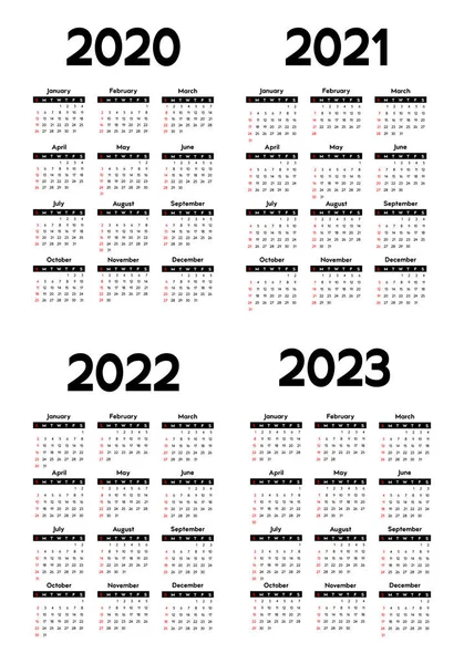 Kalender 2020 2021 2022 2023 Week Begint Zondag Basic Business — Stockvector