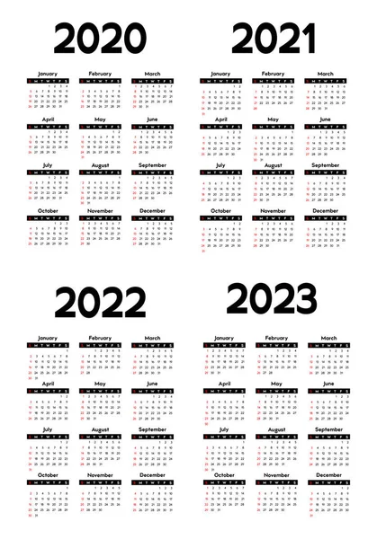 Takvim 2020 2021 2022 2023 Hafta Pazar Günü Başlar Temel — Stok Vektör