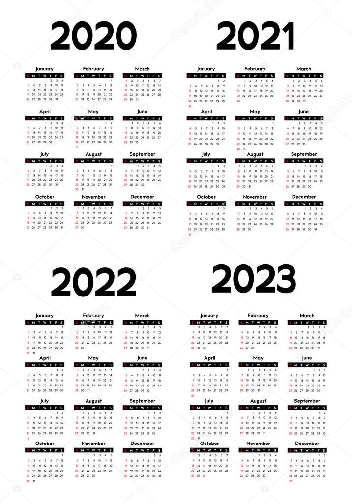 calendar 2020, 2021, 2022 and 2023, week starts on sunday, basic business template. vector illustration