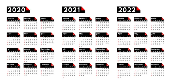 Календар 2020 2021 2022 Років Тиждень Починається Неділю Основний Бізнес — стоковий вектор