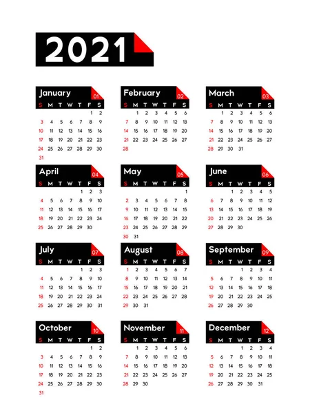 Calendario 2021 Semana Comienza Domingo Plantilla Básica Negocios Ilustración Vectorial — Vector de stock