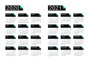takvim 2020, 2021, hafta pazar günü başlar, temel iş şablonu. turkuaz renklerle siyah vektör illüstrasyon