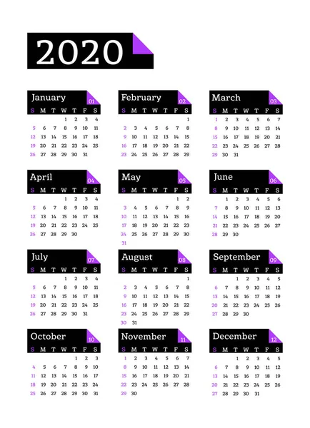 Kalender 2020 Week Begint Zondag Basic Business Template Vector Illustratie — Stockvector