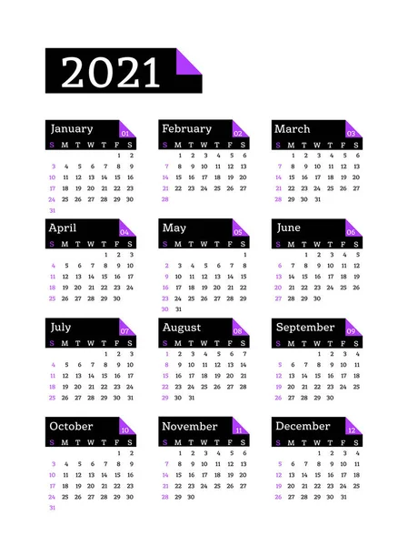 Calendrier 2021 Semaine Commence Dimanche Modèle Affaires Base Illustration Vectorielle — Image vectorielle