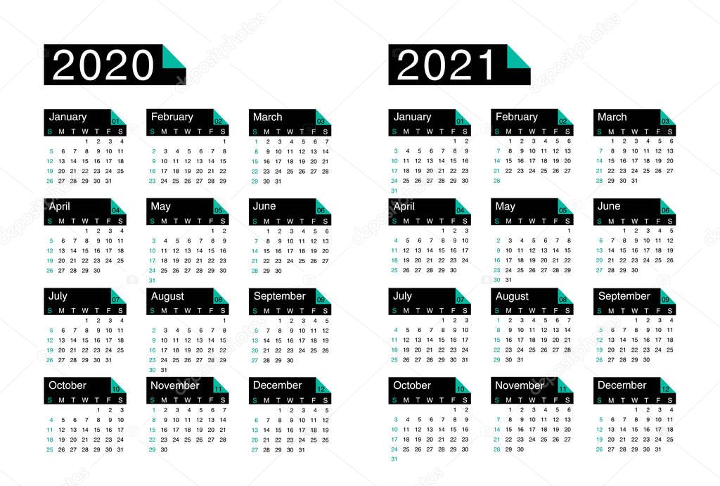 calendar 2020, 2021, week starts on sunday, basic business template. vector illustration in black with turquoise colors