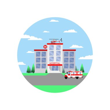 ambulans ve mavi gökyüzüne karşı helikopter acil resüsitasyon ile hastane binası tıp kliniği. Renkli tasarım, vektör illüstrasyon