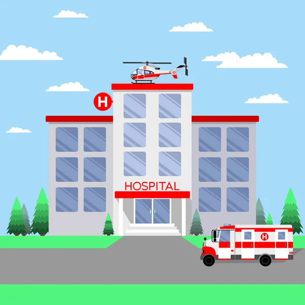 医院建设医疗诊所 有救护车和直升机紧急复苏对蓝天 五颜六色的设计 矢量插图 — 图库矢量图片
