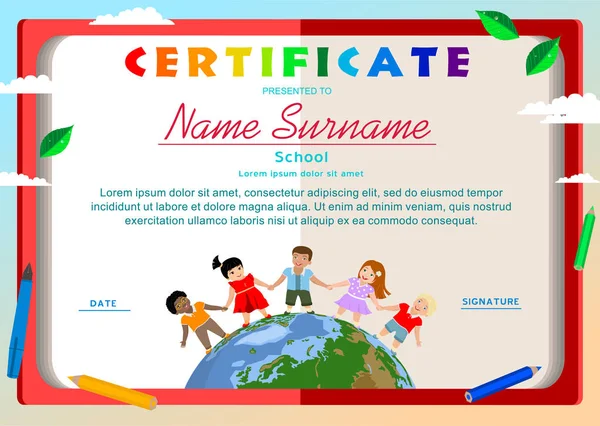 Diplôme Certificat Avec Des Enfants Heureux Différentes Races Couleurs Tenant — Image vectorielle