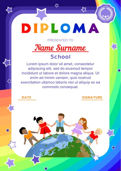 Diplôme Certificat Avec Des Enfants Heureux Différentes Races Couleurs Tenant — Image vectorielle