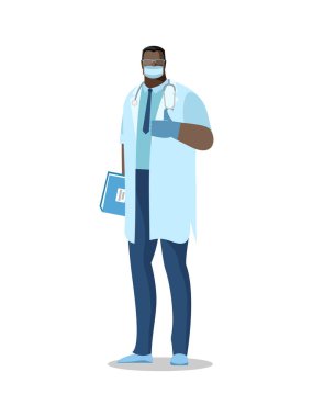 Koruyucu maskeli ve eldivenli uzun boylu bir erkek doktor, baş parmağı havada bir el gösteriyor. Vektör görüntüsü, Avatar. Renk izole illüstrasyon, düz biçim