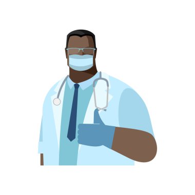 Koruyucu antiviral maskeli ve eldivenli bir erkek doktor baş parmağı havada bir el gösteriyor. Vektör görüntüsü, Avatar. Renk izole illüstrasyon, düz biçim