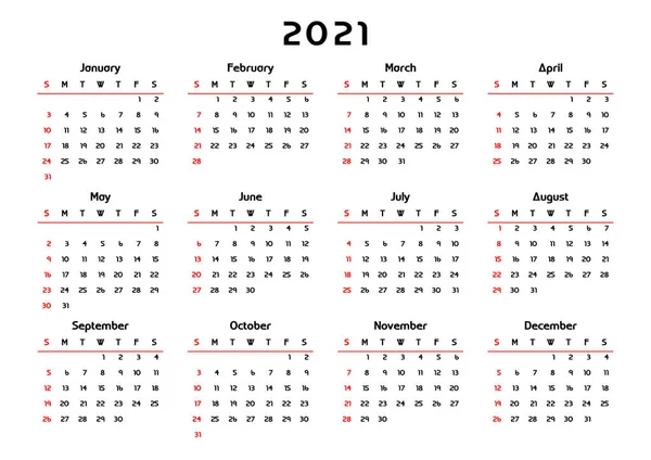 Calendario 2021 Semana Comienza Domingo Plantilla Básica Negocios Ilustración Vectorial — Vector de stock