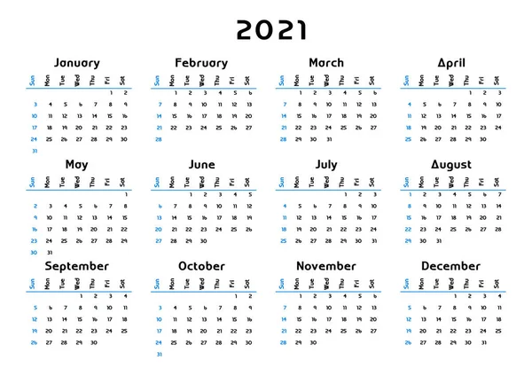 Kalender 2021 Week Begint Zondag Basis Business Template Vectorillustratie — Stockvector