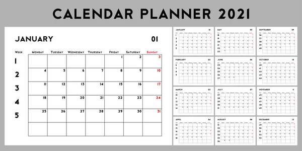 2021 Planificador Calendario Con Números Semana Plantilla Diseño Básico Semana — Archivo Imágenes Vectoriales