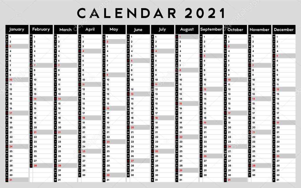 Calendar 2021, daily event planner, vector color illustration