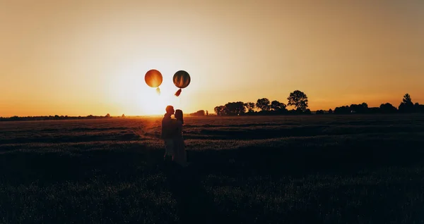 공 색깔 헬륨으로 필드에 서 있는 부부 사랑 — 스톡 사진