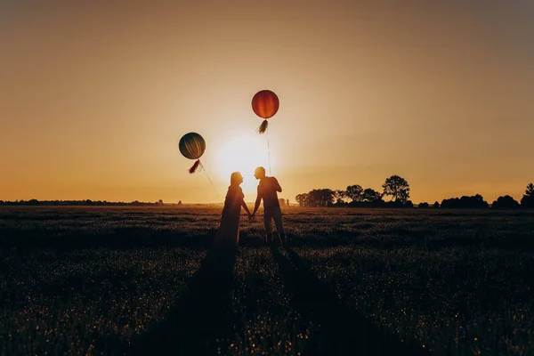 공 색깔 헬륨으로 필드에 서 있는 부부 사랑 — 스톡 사진