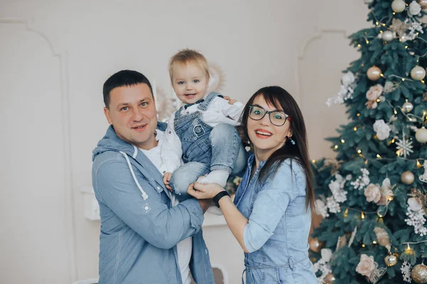 Güzel anne küçük şirin oğulları kollarında tutun. Noel aile fotoğrafı