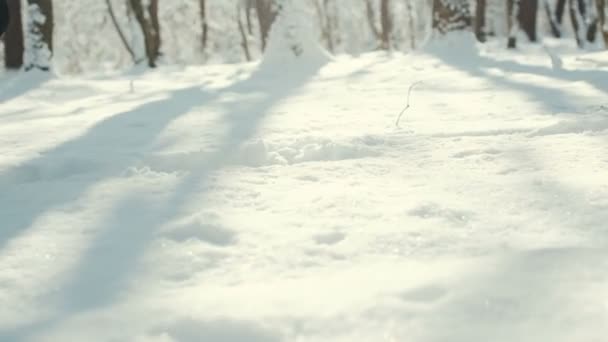 Man loopt in diepe sneeuw op winterdag — Stockvideo