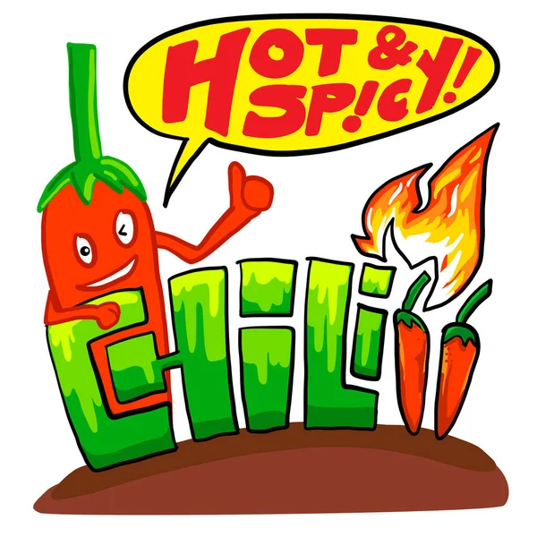 Chili Hot Spicy Custom Text Cartoon Pepper Fire - Stok Vektor